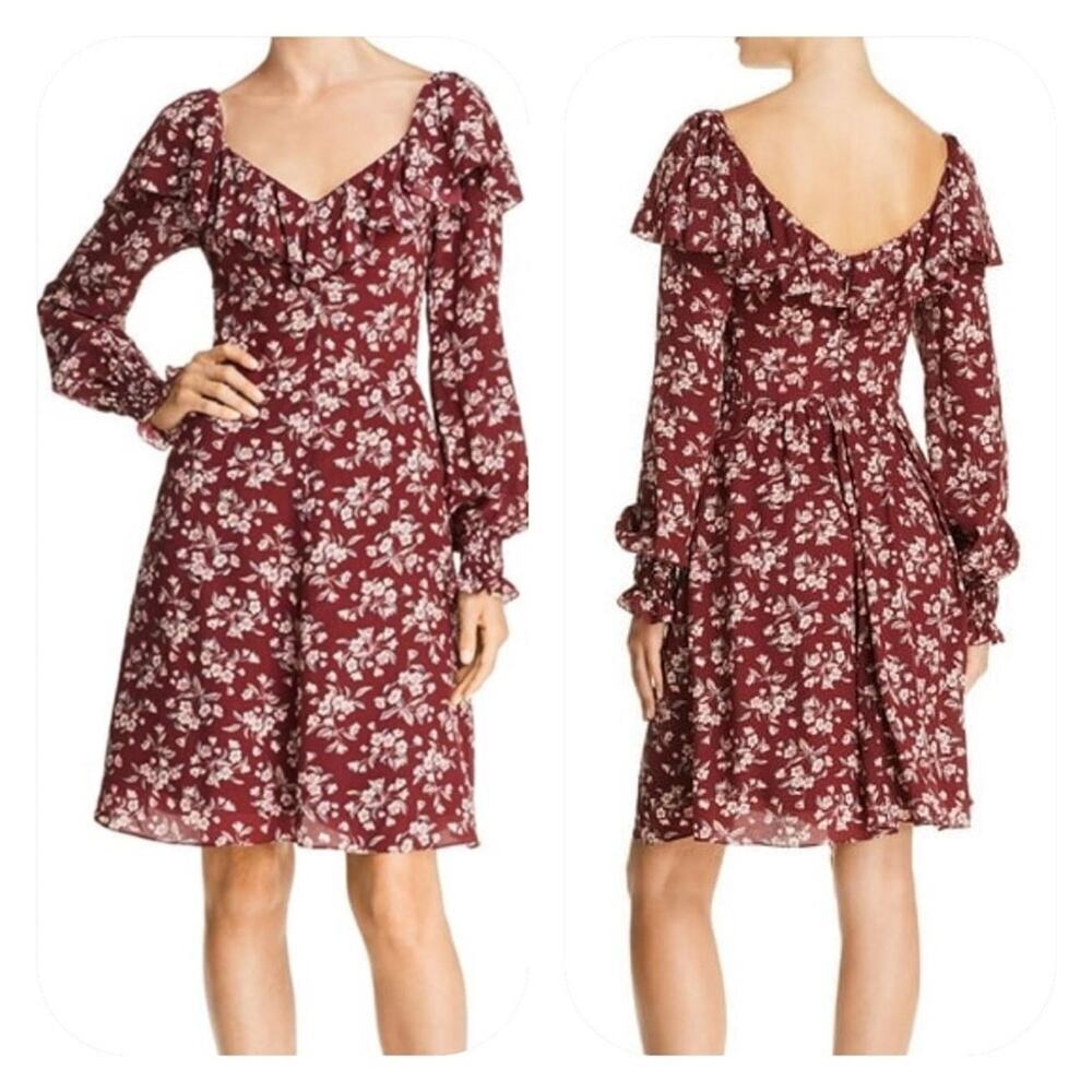 Rebecca Taylor Tilda Floral Ruffled Silk Long Sleeve Dress in Maroon red US 4
